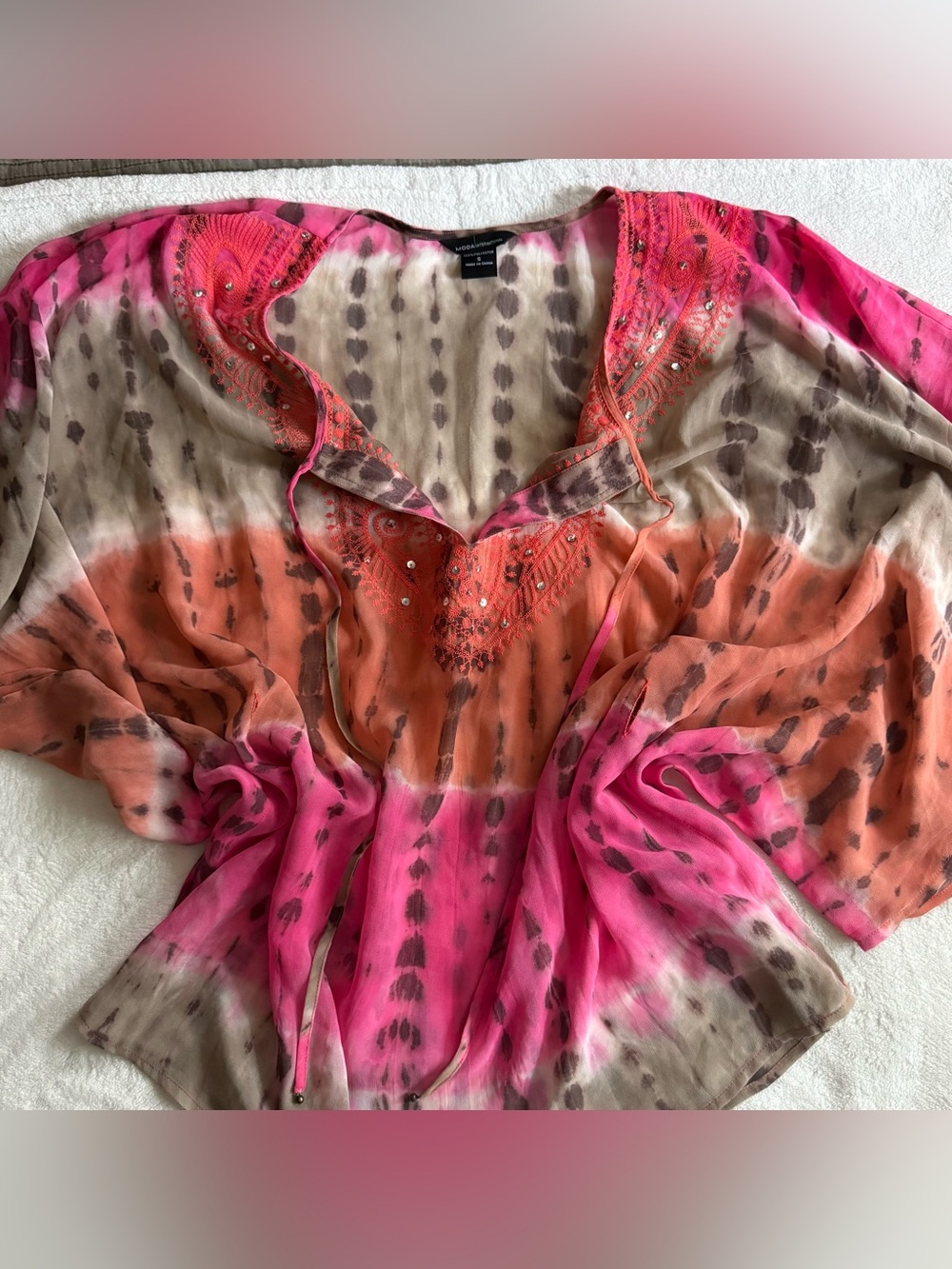 Moda International Pink and Orange Tie-Dye Embroidered V-Neck Tunic
